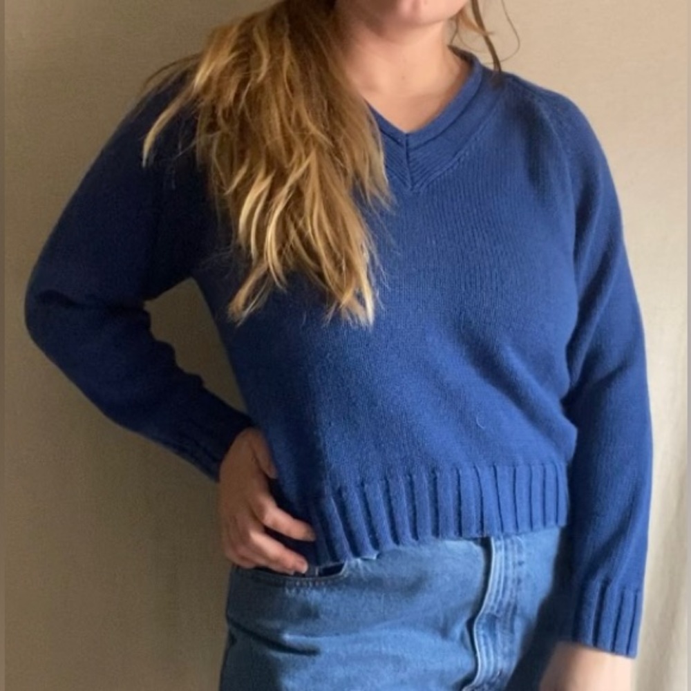 Blue Cotton V Neck Sweater